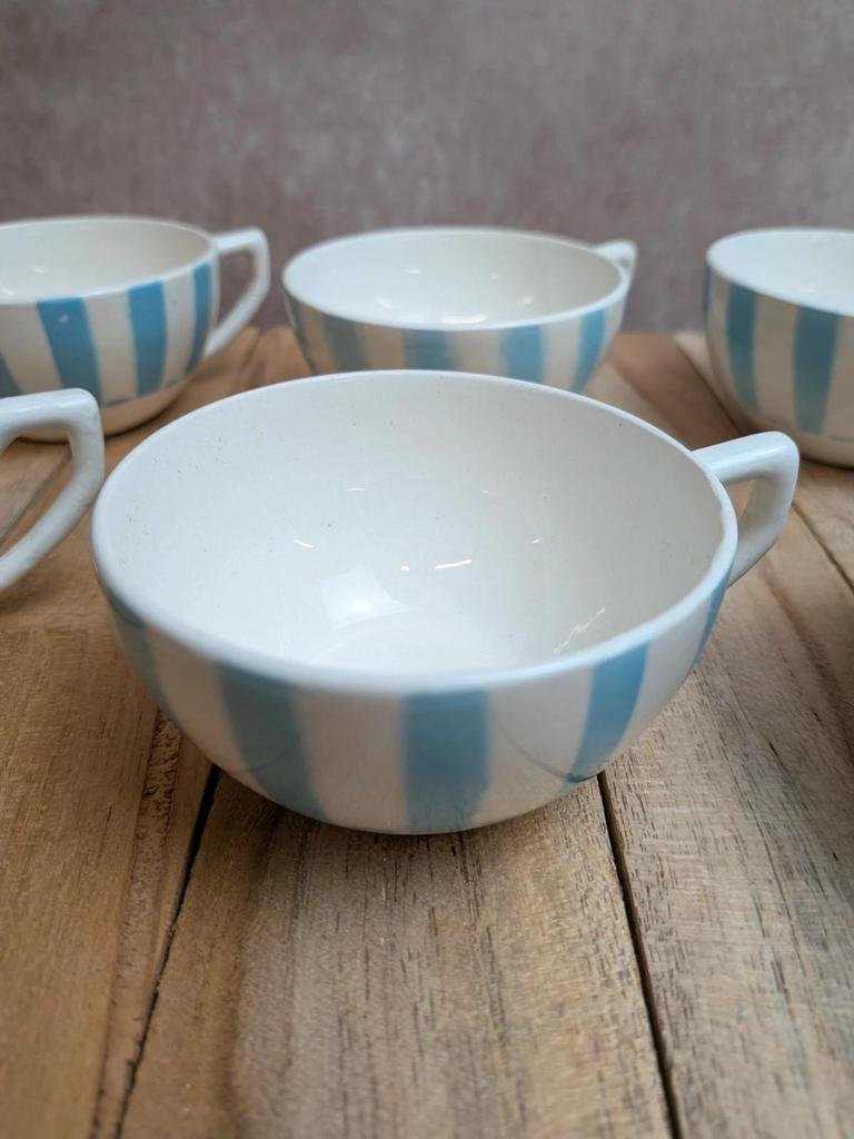 Lot de 6 tasses Terre de Fer Digoin France rayures bleues vintage