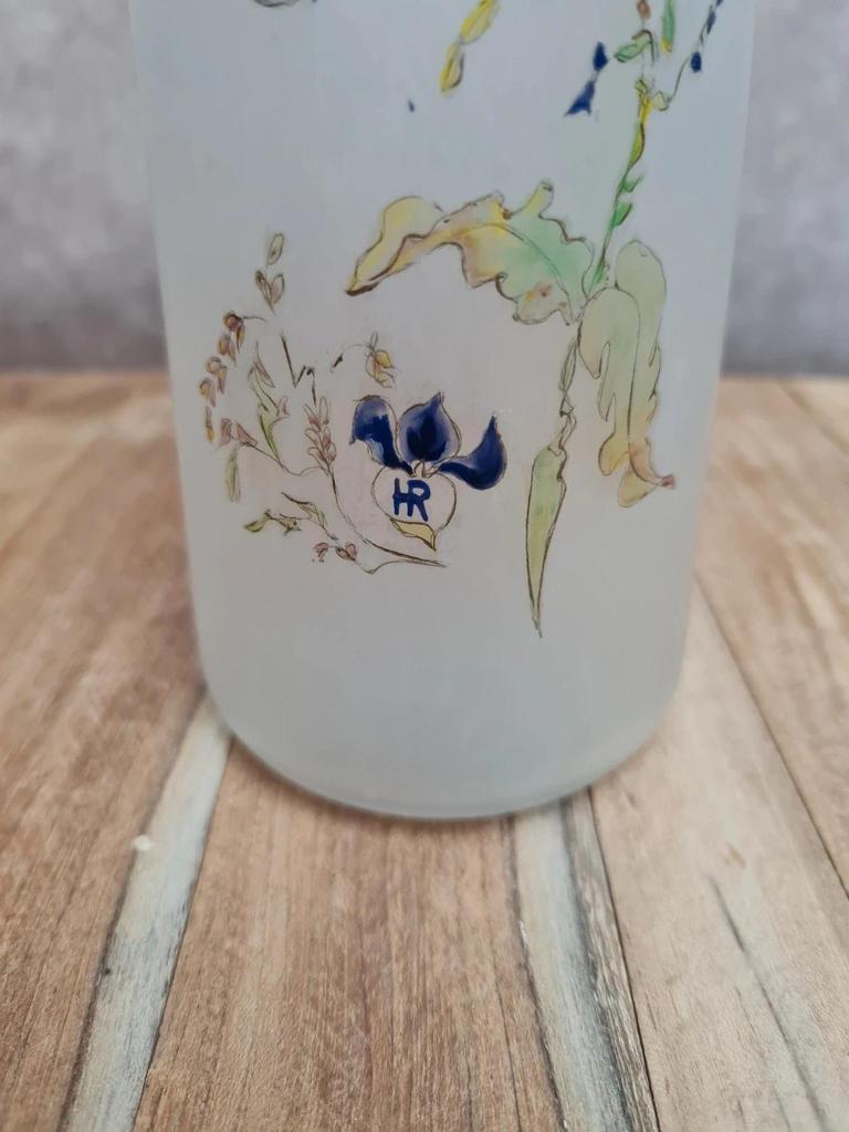 Vase ancien en verre givré décor iris peint main en relief signé Hr 🌿