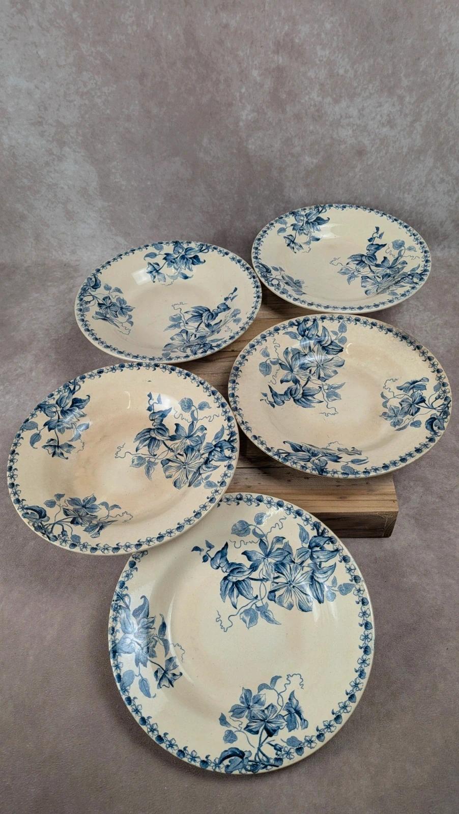 Lot de 5 assiettes creuses anciennes Vieillard & Cie Bordeaux, modèle Clématite