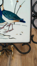 Dessous de plat Gien – modèle oiseaux – carreau signé Bb – fer forgé