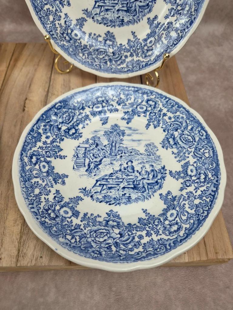 Lot de 4 assiettes à dessert vintage Lunéville modèle English – décor Toile de Jouy bleu