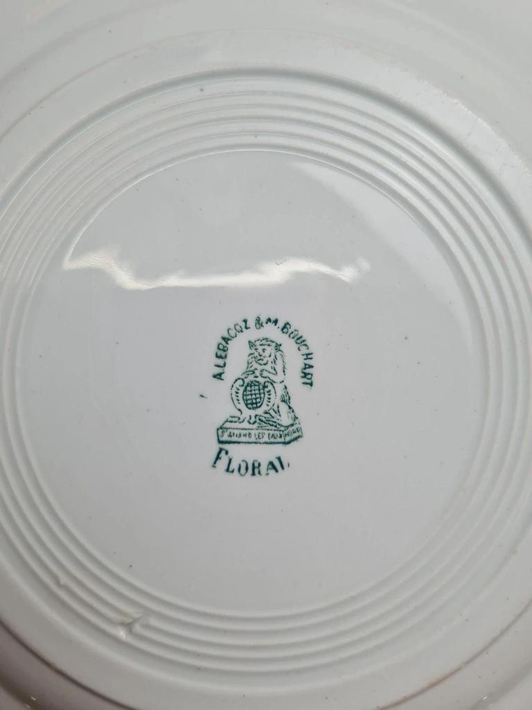 Assiette plate ancienne Terre de fer A. Lebacqz & M. Bouchard – décor Floral vert 💚