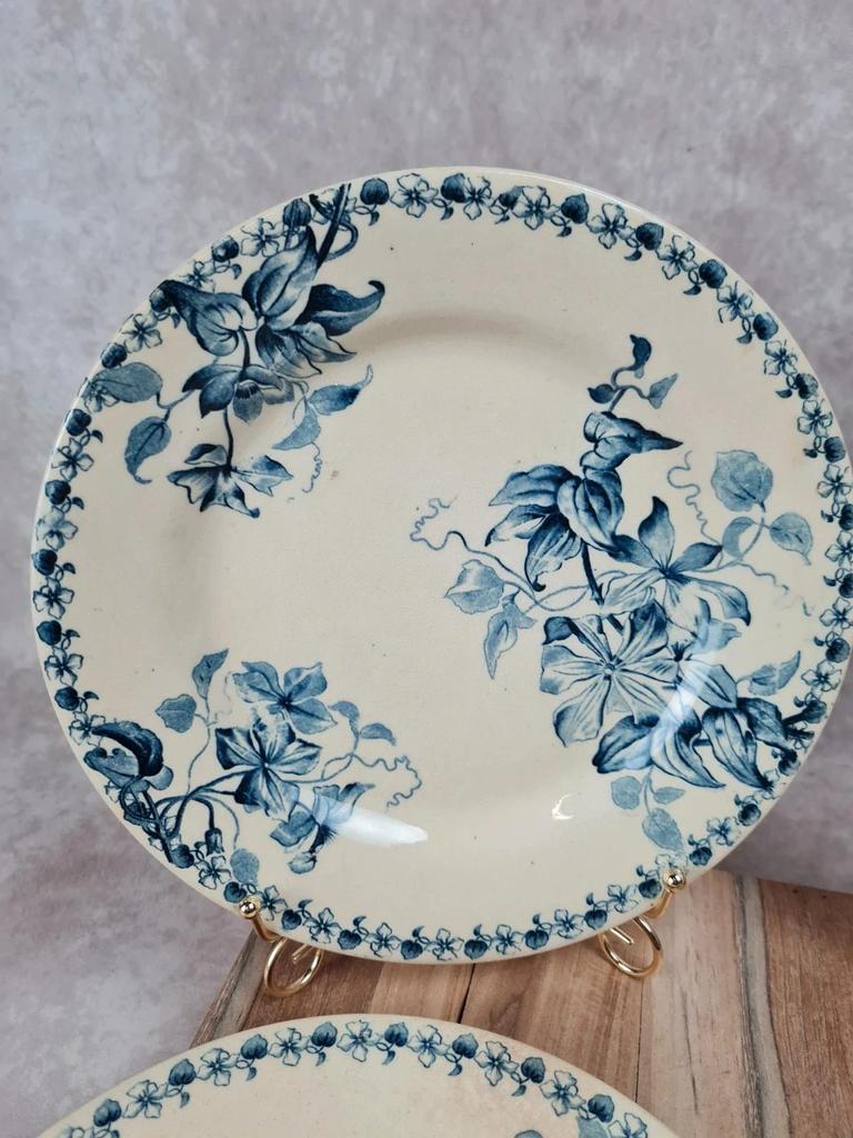 Lot de 6 assiettes plates anciennes – Vieillard & Cie Bordeaux, modèle Clématite 💙 Terre de Fer