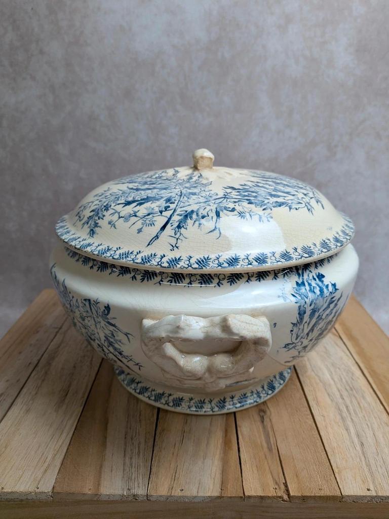 Soupière ancienne en terre de fer Gien – Modèle Fougère – Décor bleu