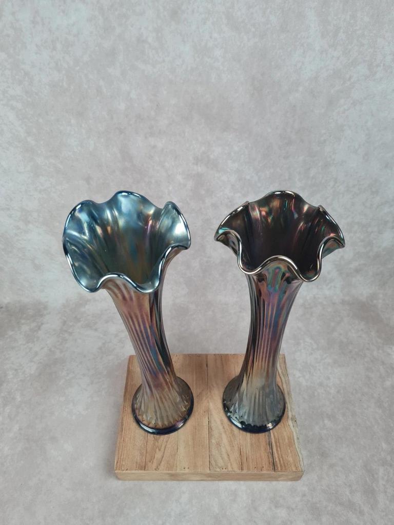 Paire de grands vases irisés vintage Fenton en verre carnival 💙