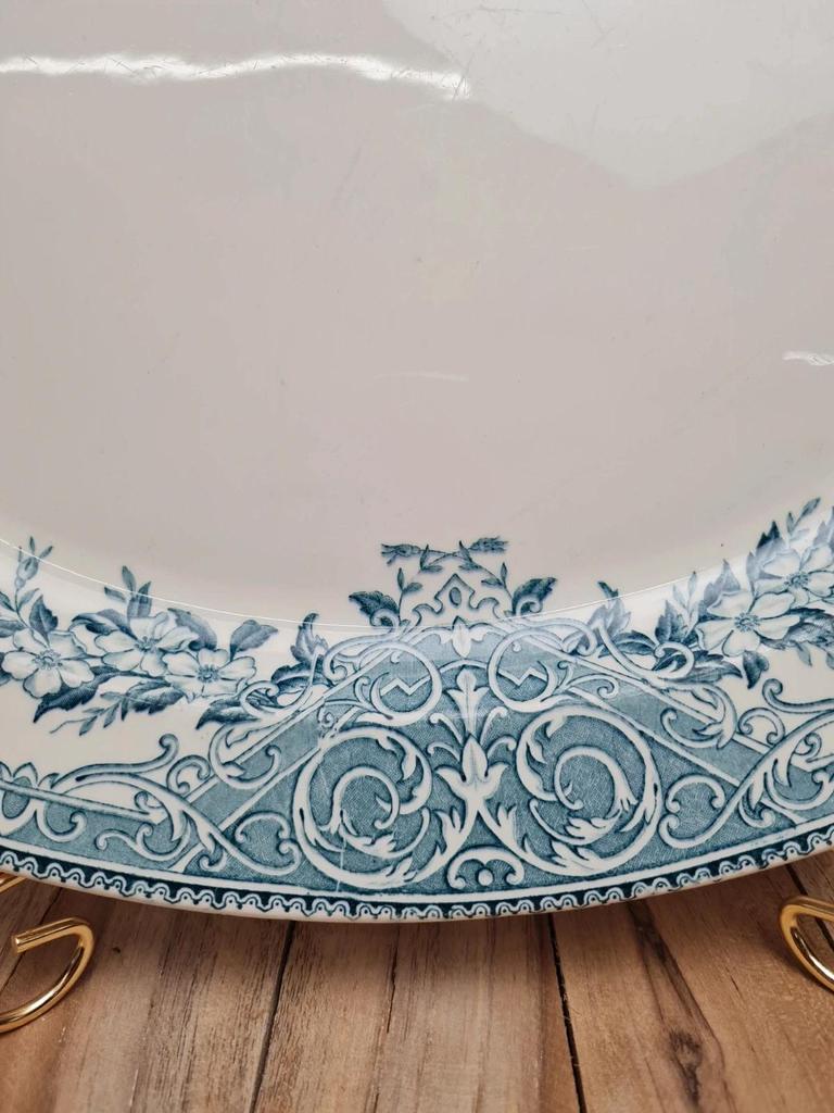 Plat ovale ancien terre de fer Alice Boch Frères Keramis Bkf décor bleu Art Nouveau