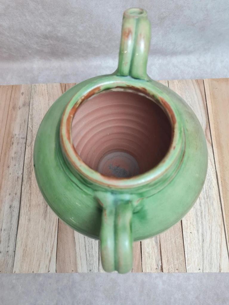 Potiche / cruche en grès vernissé vert – style artisanal vintage