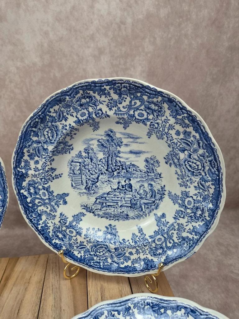 Lot de 4 assiettes creuses vintage Lunéville modèle English – décor Toile de Jouy bleu 💙