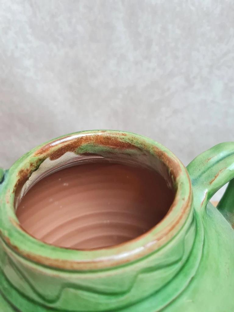 Potiche / cruche en grès vernissé vert – style artisanal vintage