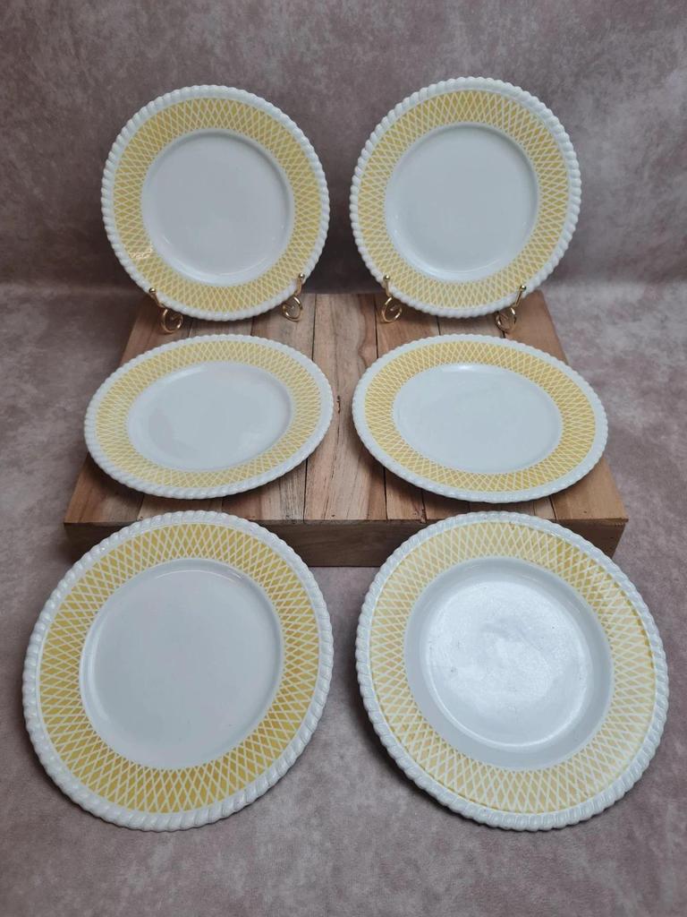Lot 6 assiettes à dessert vintage Badonviller style années 50 décor géométrique jaune 🍋