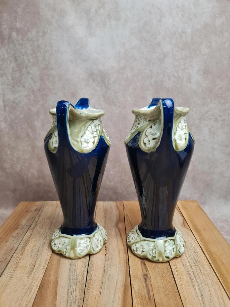 Trio de cheminée ancien Gustave De Bruyn Fives Lille faïence Art nouveau 🌿💙
