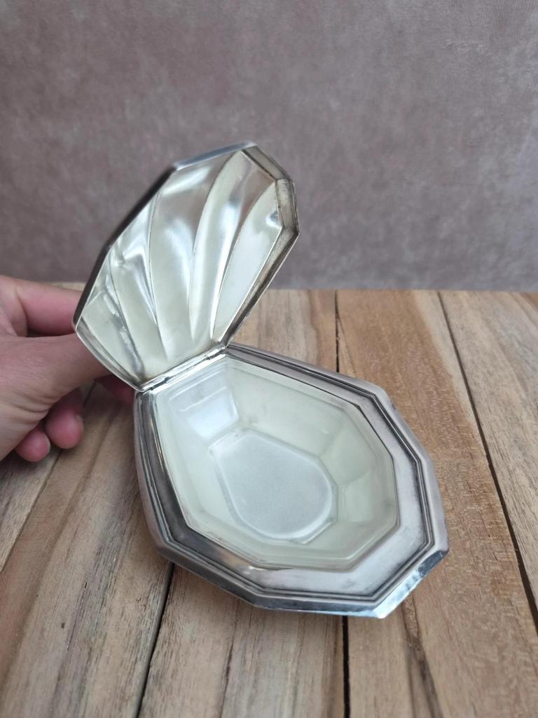 Beurrier à caviar Art déco vintage métal argenté verre dépoli coquille