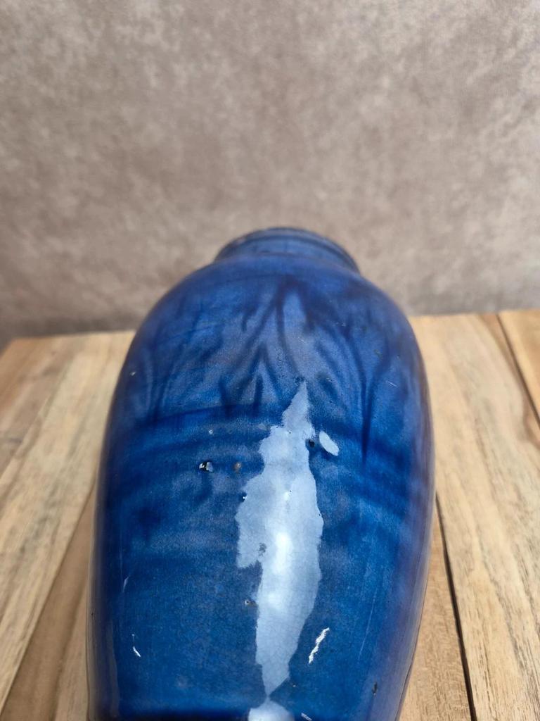 Vase artisanal vintage en terre cuite émaillée bleue – Style Safi Maroc