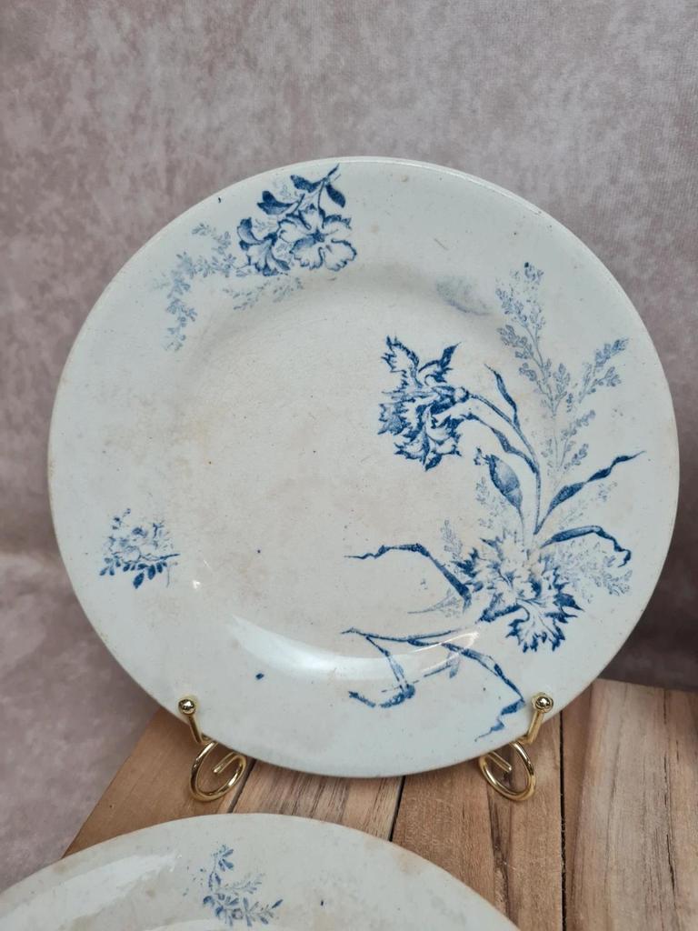 Lot 4 assiettes à dessert anciennes Terre de Fer décor œillet bleu 💙