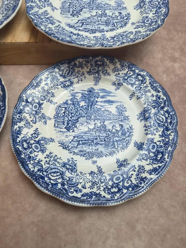 Lot de 6 assiettes plates décor Toile de Jouy bleu – Style Lunéville / campagne romantique