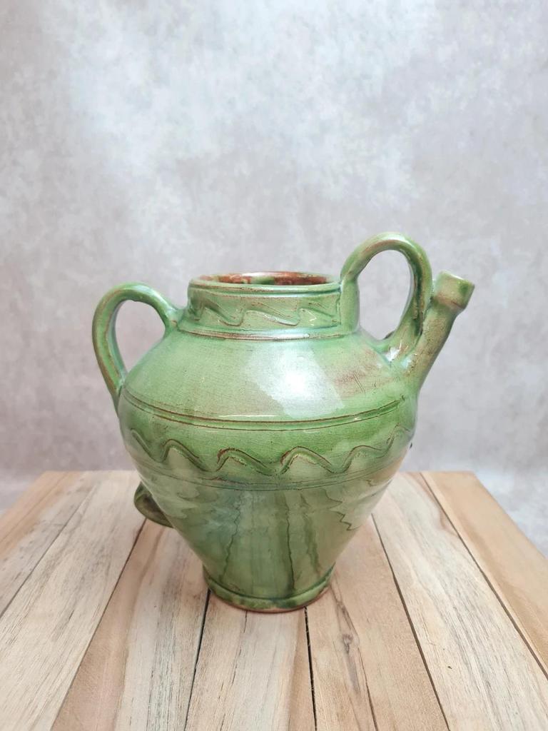 Potiche / cruche en grès vernissé vert – style artisanal vintage