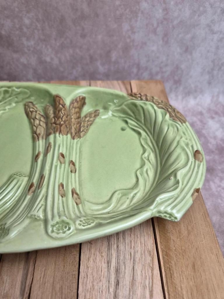 Plat à asperges ancien en barbotine – Plateau avec égouttoir amovible