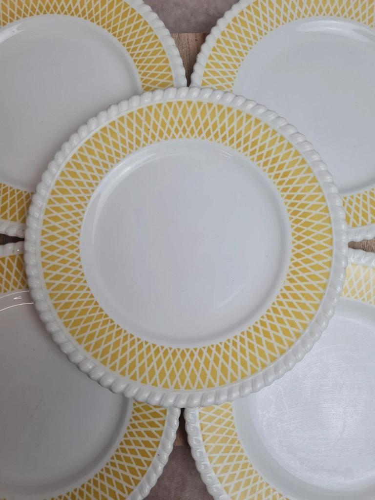 Lot 6 assiettes à dessert vintage Badonviller style années 50 décor géométrique jaune 🍋