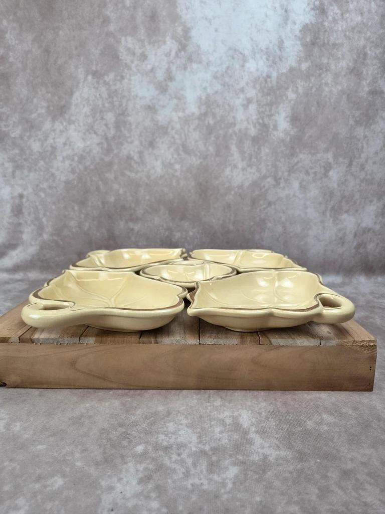 Service apéritif vintage 5 coupelles feuilles – Céramique d’art de Poët Laval – dorures