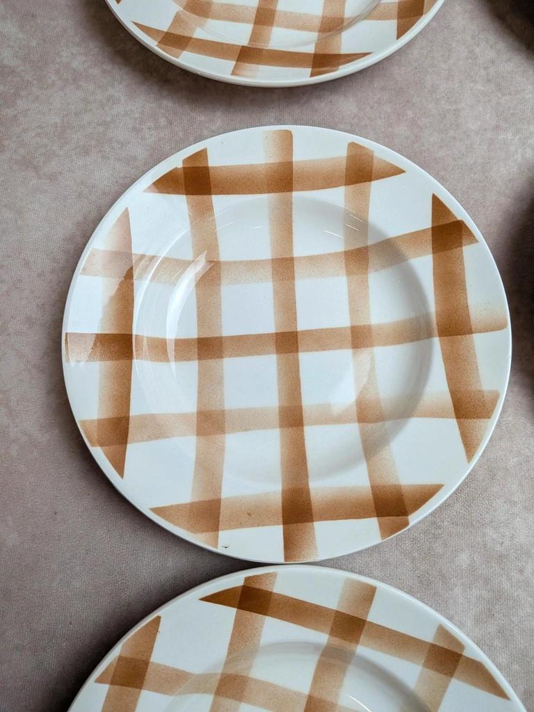Lot de 6 assiettes creuses vintage Moulin des Loups – Décor à carreaux