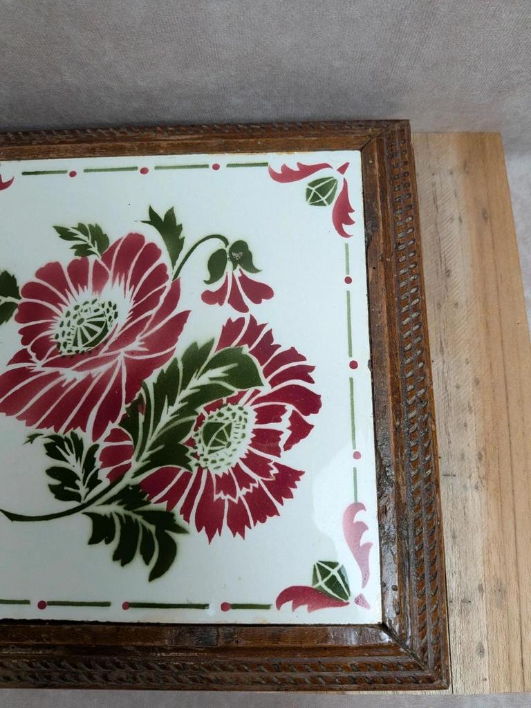 Dessous de plat ancien bois & faïence florale