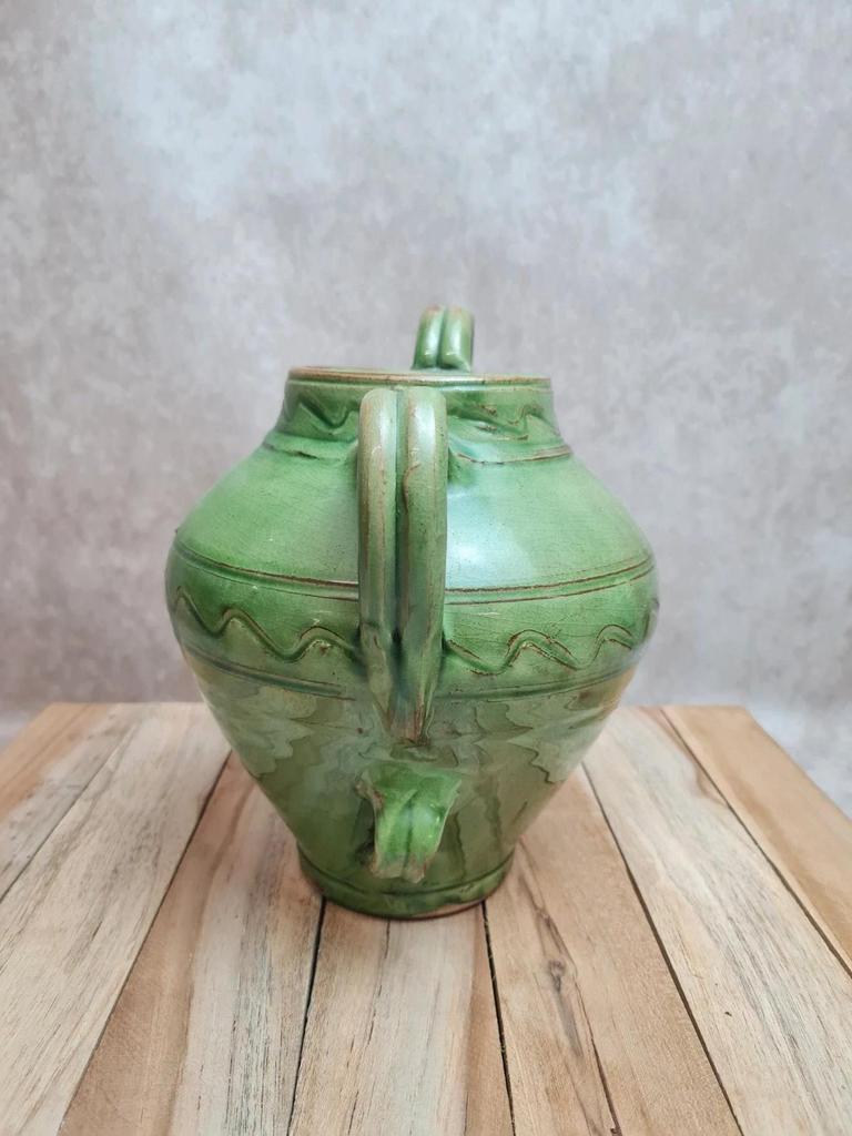 Potiche / cruche en grès vernissé vert – style artisanal vintage