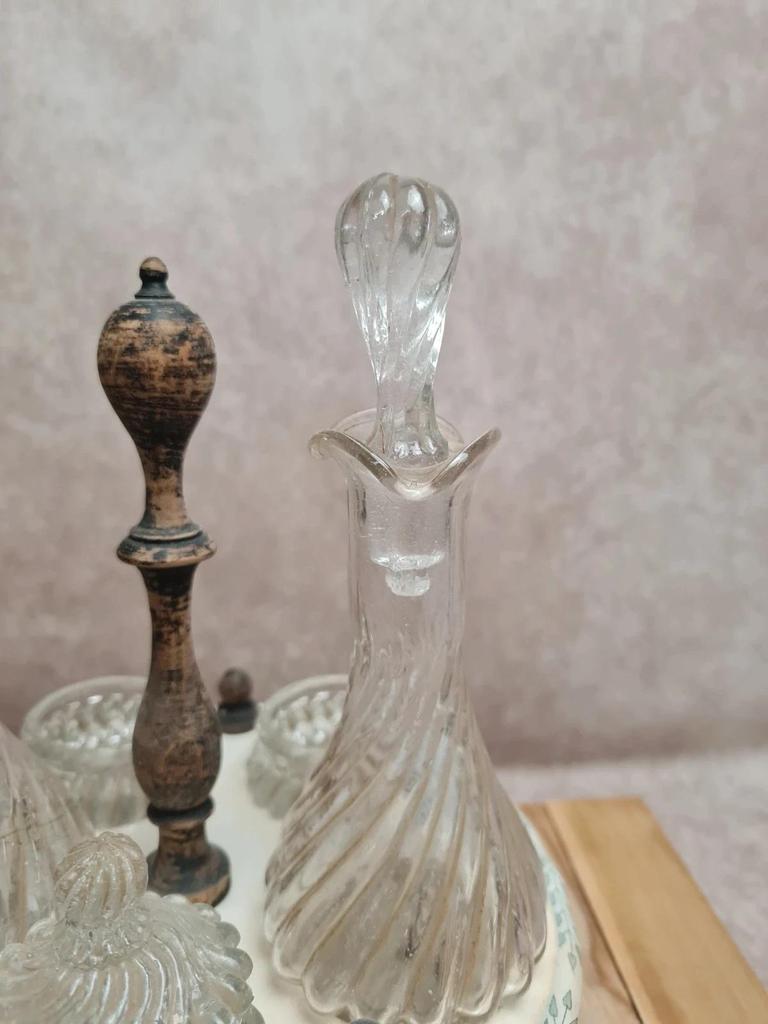 Huilier vinaigrier ancien Gien Clara terre de fer présentoir flacons verre Xixe 🏺