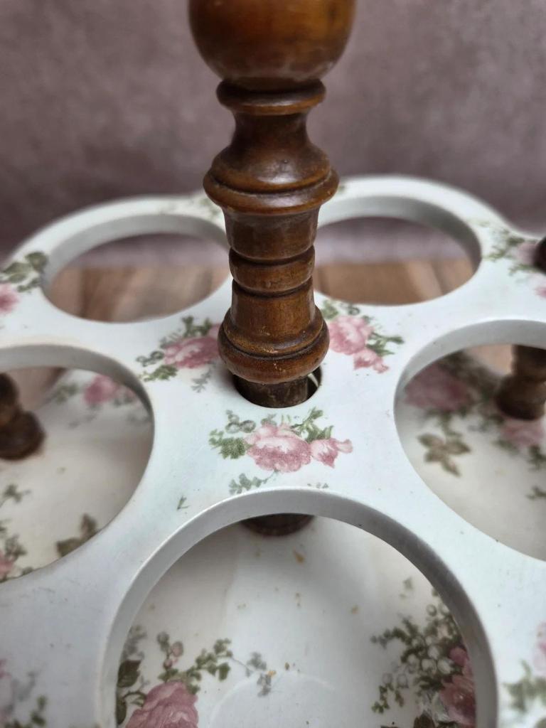 Serviteur ancien à huile, vinaigre & condiments Salins – terre de fer & verre – décor floral