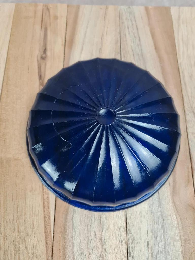 Petit présentoir vintage en métal argenté & verre bleu cobalt – Made in England