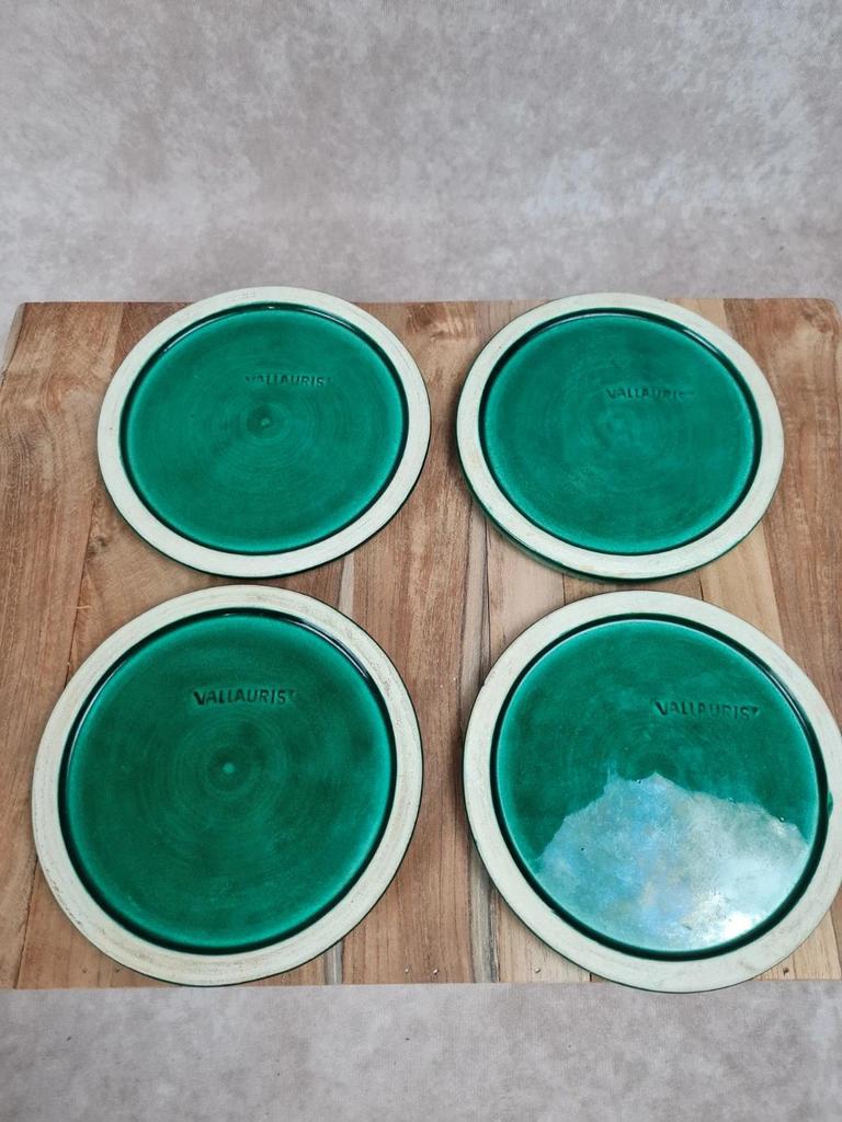 💚 Ensemble Vallauris vert émaillé – centre de table & dessous de bouteille vintage