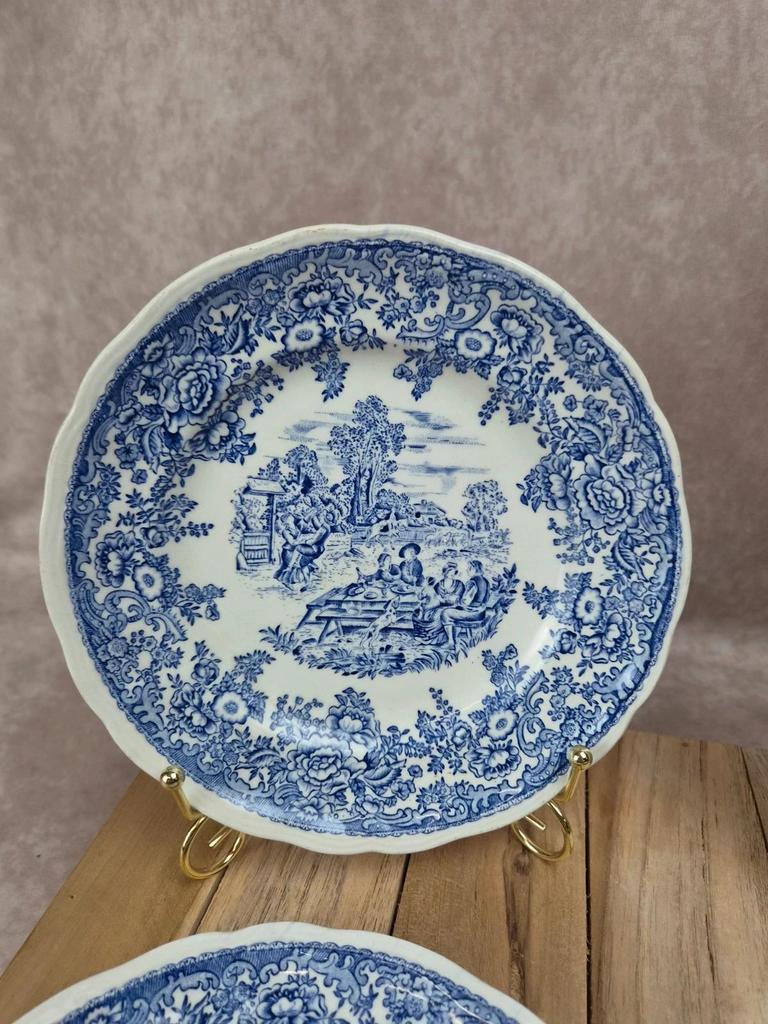 Lot de 4 assiettes à dessert vintage Lunéville modèle English – décor Toile de Jouy bleu