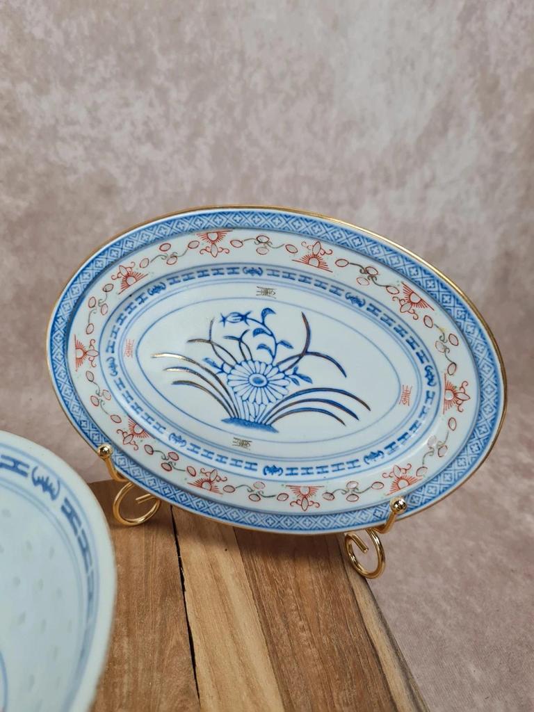 🏺 Ensemble en porcelaine chinoise vintage, décor bleu, rouge et or, 6 pièces