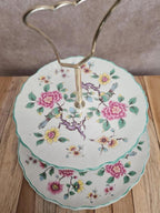 Présentoir à gâteaux 2 étages vintage anglais James Kent Old Foley fleurs oiseaux