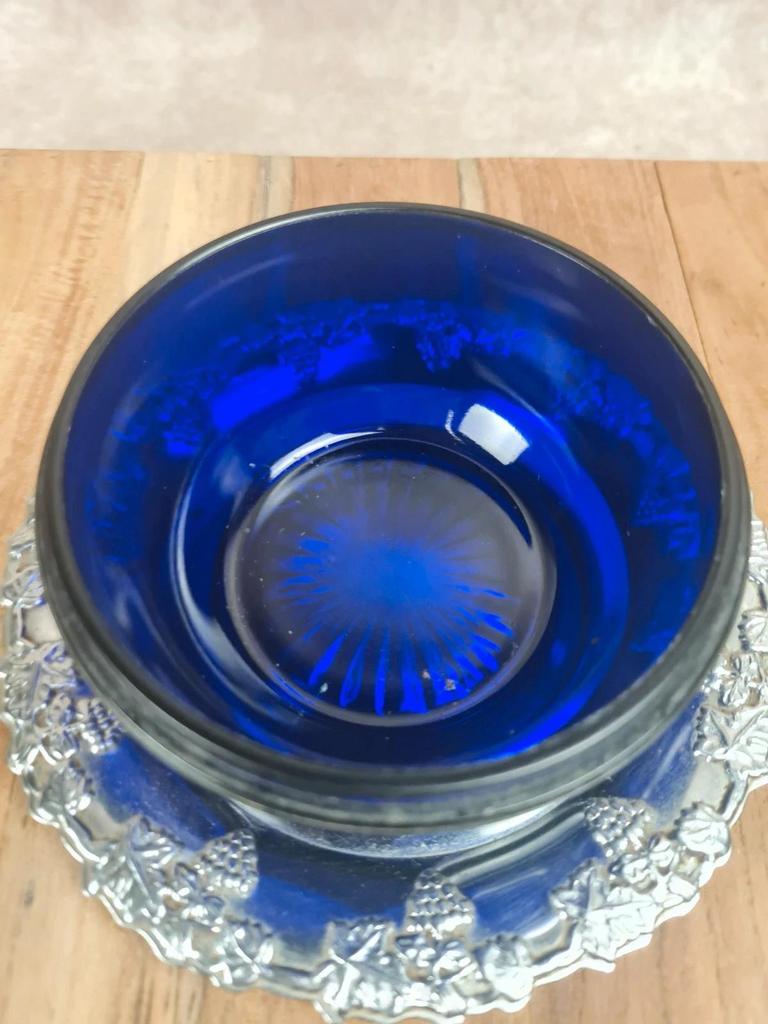 Pot à confiture vintage verre bleu cobalt & métal argenté – Angleterre