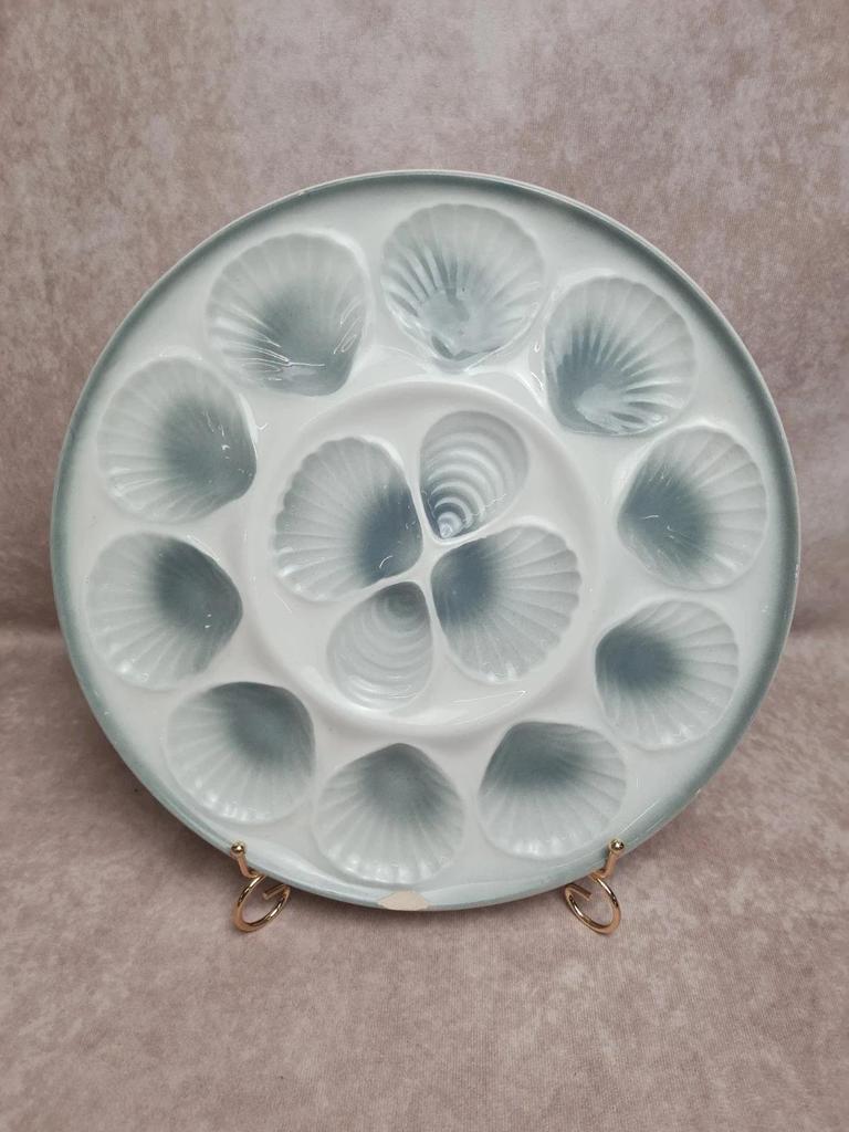 Lot 12 assiettes à huîtres + plat Moulin des Loups – service ancien bleu gris 🌊🦪