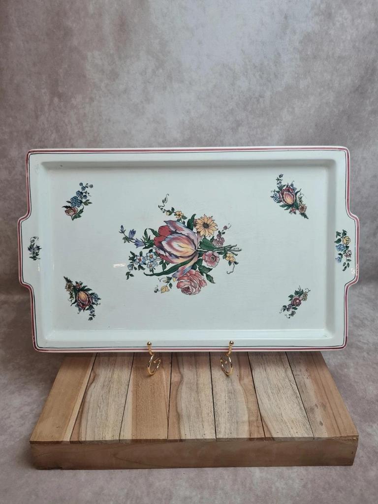 Grand plateau Sarreguemines Lorraine – décor floral romantique – faïence ancienne 🌸
