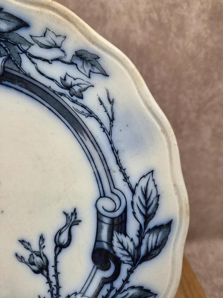 Assiette ancienne anglaise Bwm & Co – modèle Rose & Ivy – registre 1868 – décor bleu noir