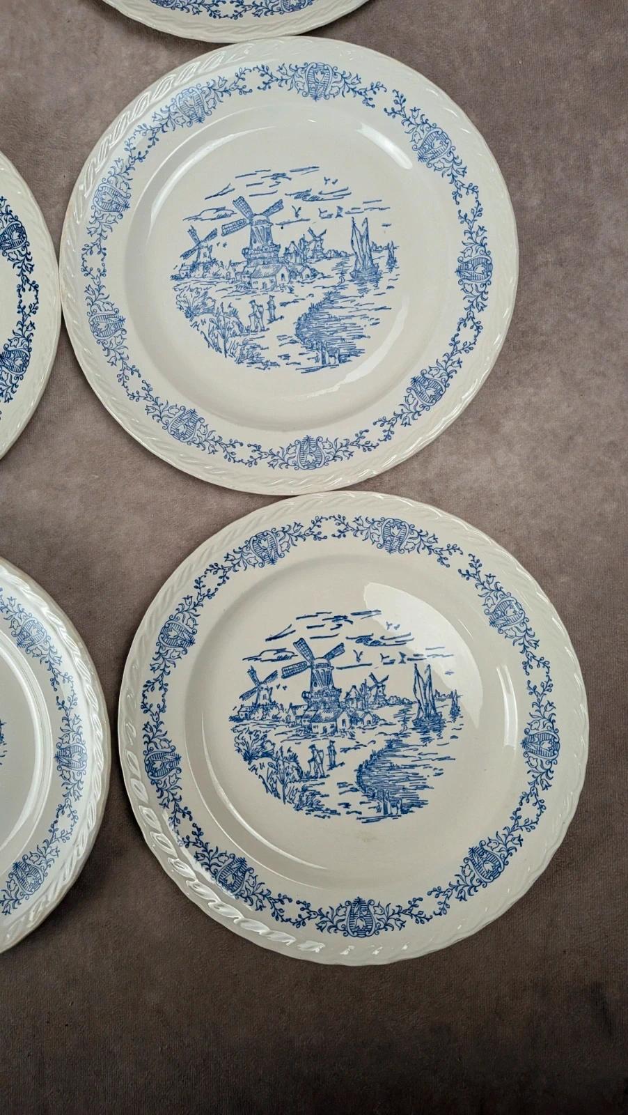 Lot de 6 assiettes plates anciennes Rotterdam décor bleu moulin