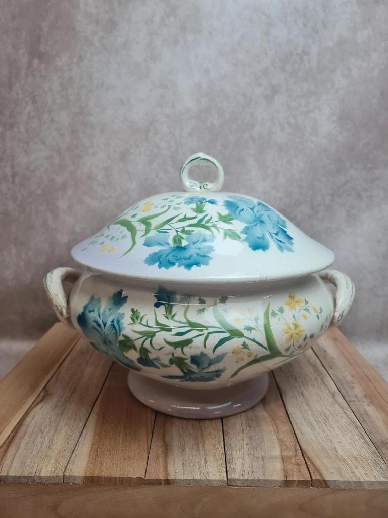 Soupière ancienne terre de fer St Amand Lebacqz Bouchard décor pavot polychrome 💙🌿
