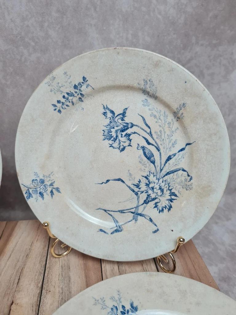 Lot 4 assiettes à dessert anciennes Terre de Fer décor œillet bleu 💙