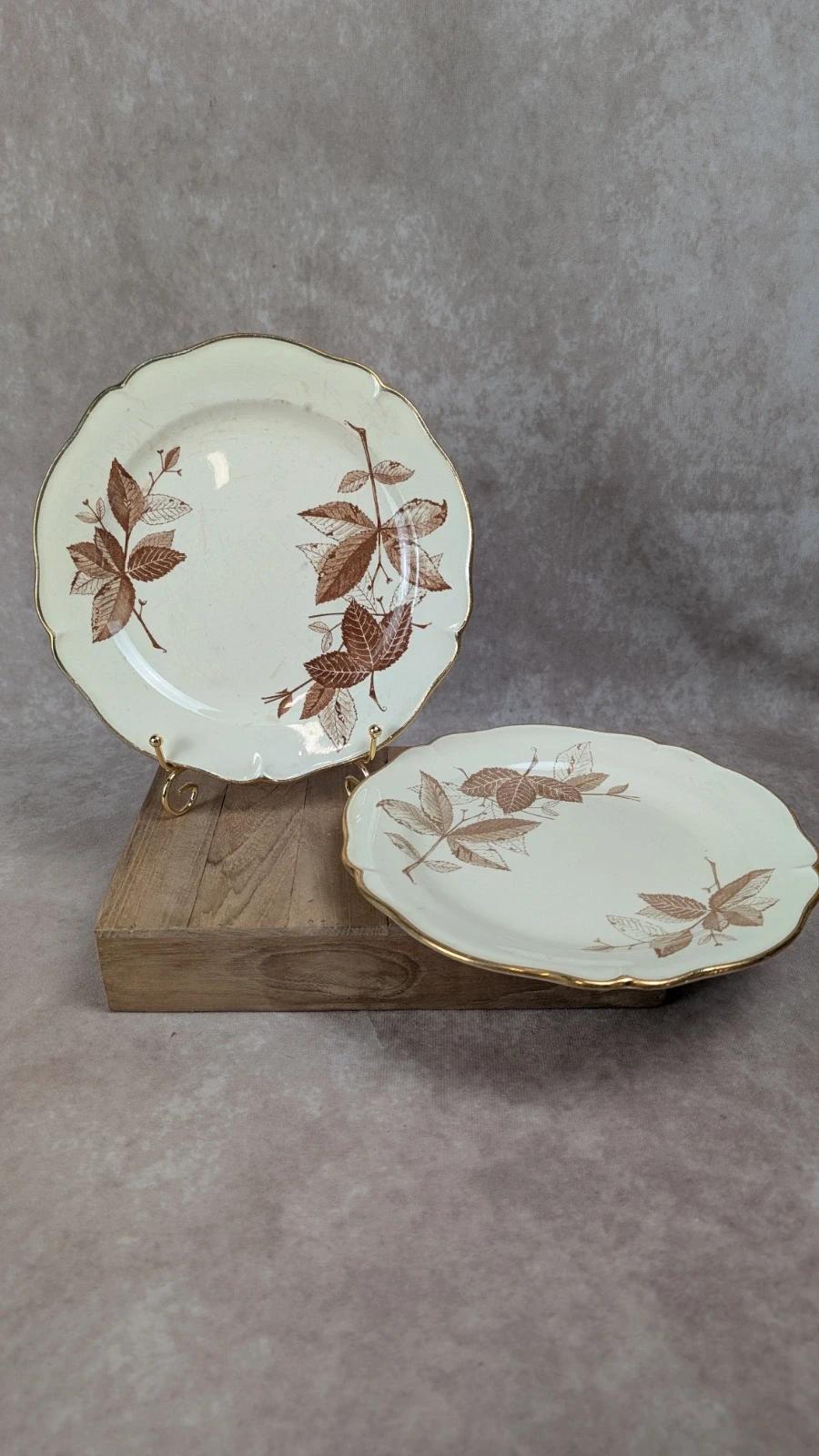 Assiettes anciennes Gien décor feuillage brun – lot de 2 22,5 cm