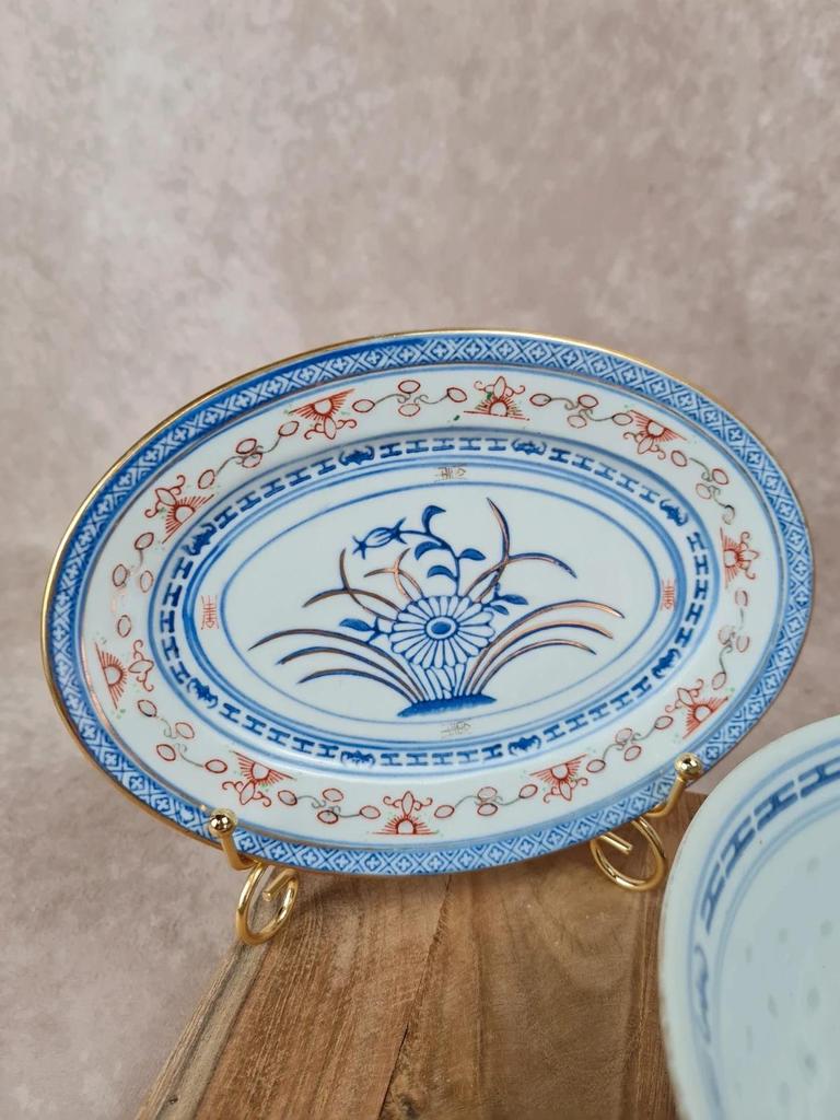 🏺 Ensemble en porcelaine chinoise vintage, décor bleu, rouge et or, 6 pièces