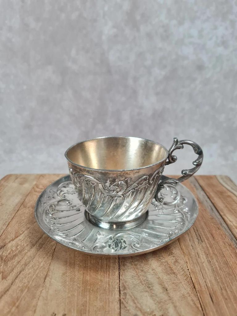 Élégante tasse et sous - tasse anciennes en métal argenté Gallia – modèle 4111