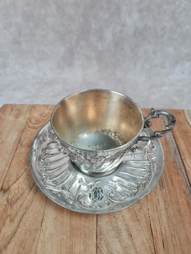 Élégante tasse et sous - tasse anciennes en métal argenté Gallia – modèle 4111