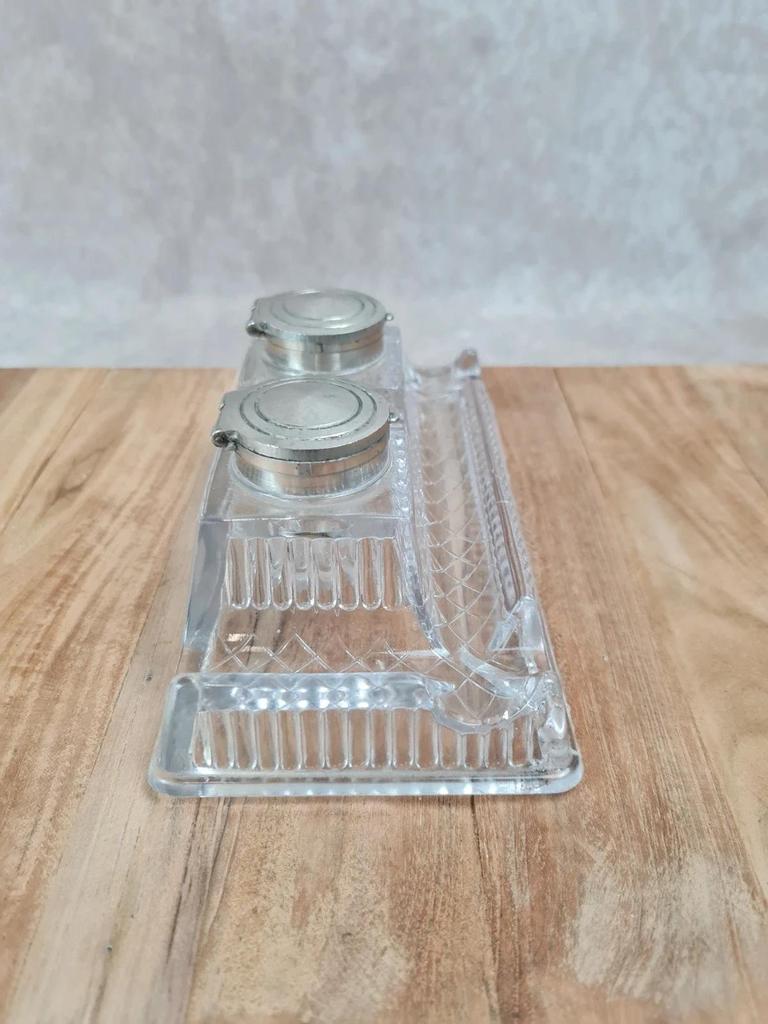 Encrier double ancien en verre moulé, superbe pièce de bureau vintage