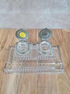 Encrier double ancien en verre moulé, superbe pièce de bureau vintage