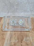 Encrier double ancien en verre moulé, superbe pièce de bureau vintage
