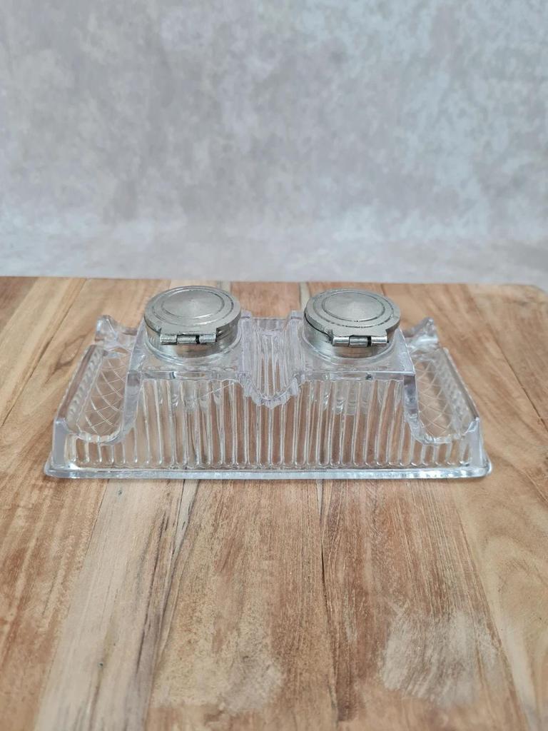 Encrier double ancien en verre moulé, superbe pièce de bureau vintage