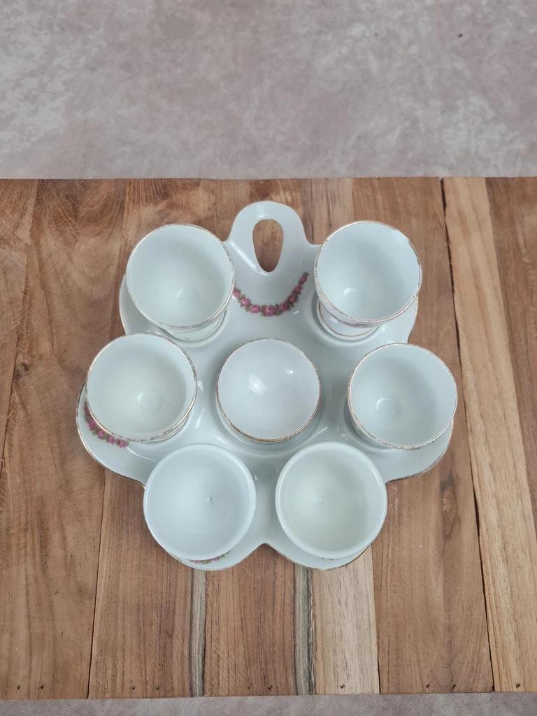 Ensemble de coquetiers vintage avec support – décor floral