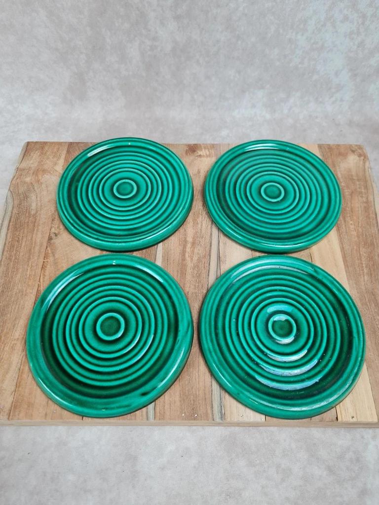 💚 Ensemble Vallauris vert émaillé – centre de table & dessous de bouteille vintage